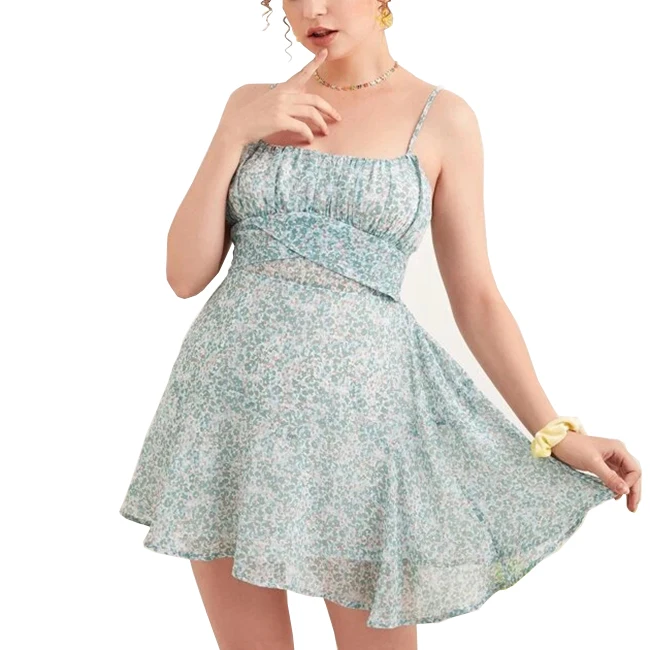 

2021 New Arrival Women Cami Dress Rear pleat draw pleated chest small floral halter dress Organic Clothing