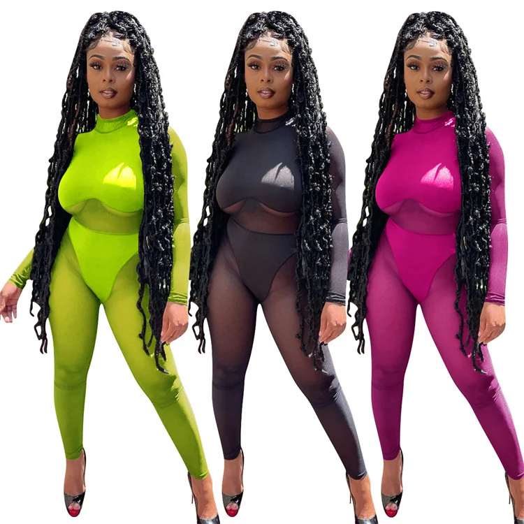

D11317 Fall 2021 fashion clothes slim one piece solid color transparent workout jumpsuit sports yoga pants