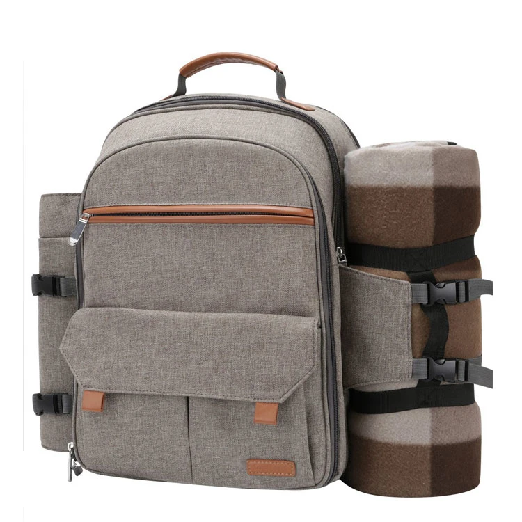 

Picnic Backpack Bag for 4 Person Set Pack With Detachable Bottle/Wine Holder Fleece Blanket, As show