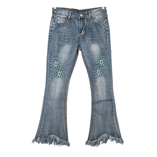 

New Trendy Fashion Apparel Wholesale with Embroidery Women's Jeans Low MOQ Acceptable Customized Jeans, Blue