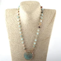 

Women Round Flat Natural Stone Pendant Necklace Rosary Chain Amazonite Gemstone necklace wholesale costume Choker necklace