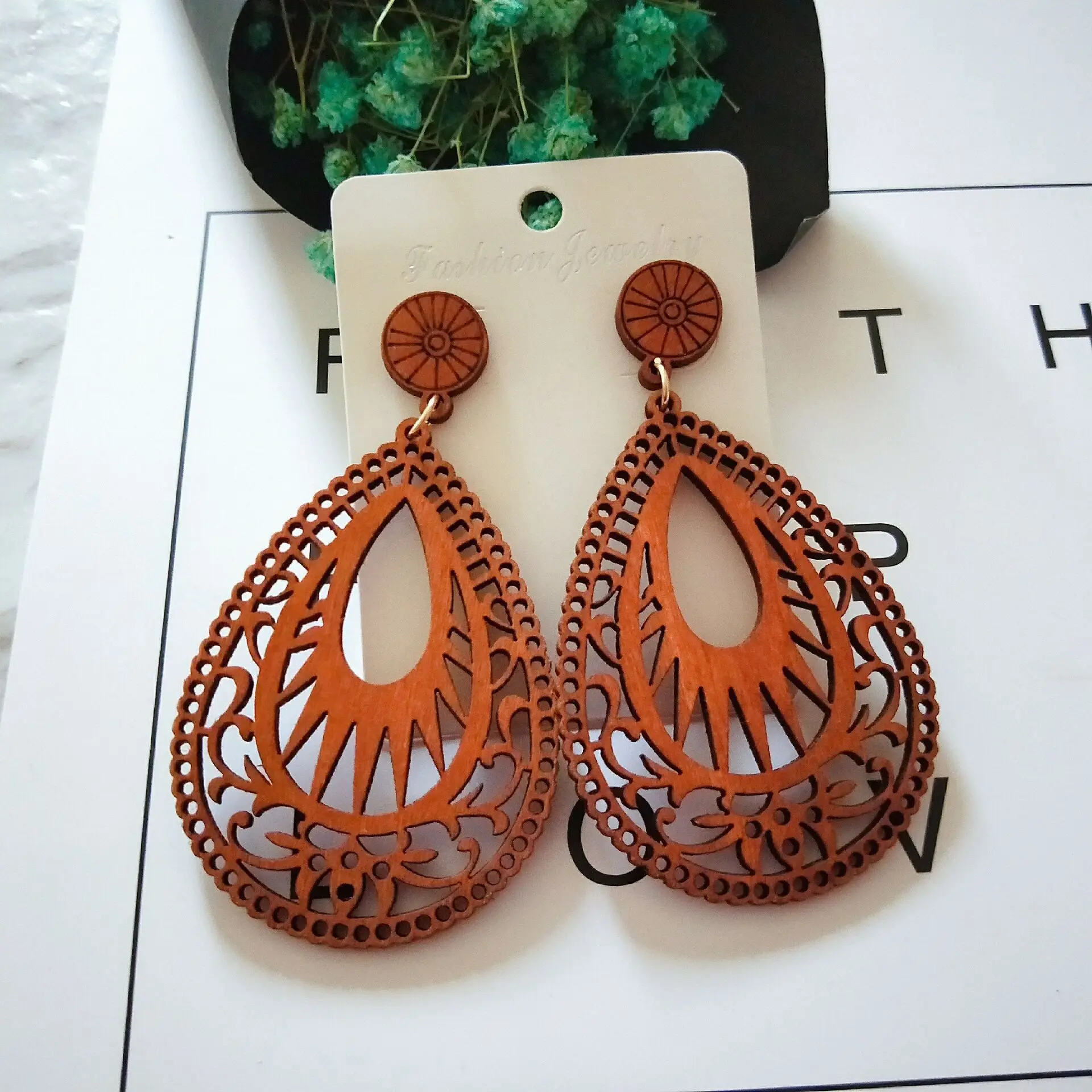 

Wooden Drop Earrings European and American fashion wood jewelry wholesale popular hollow Earrings
