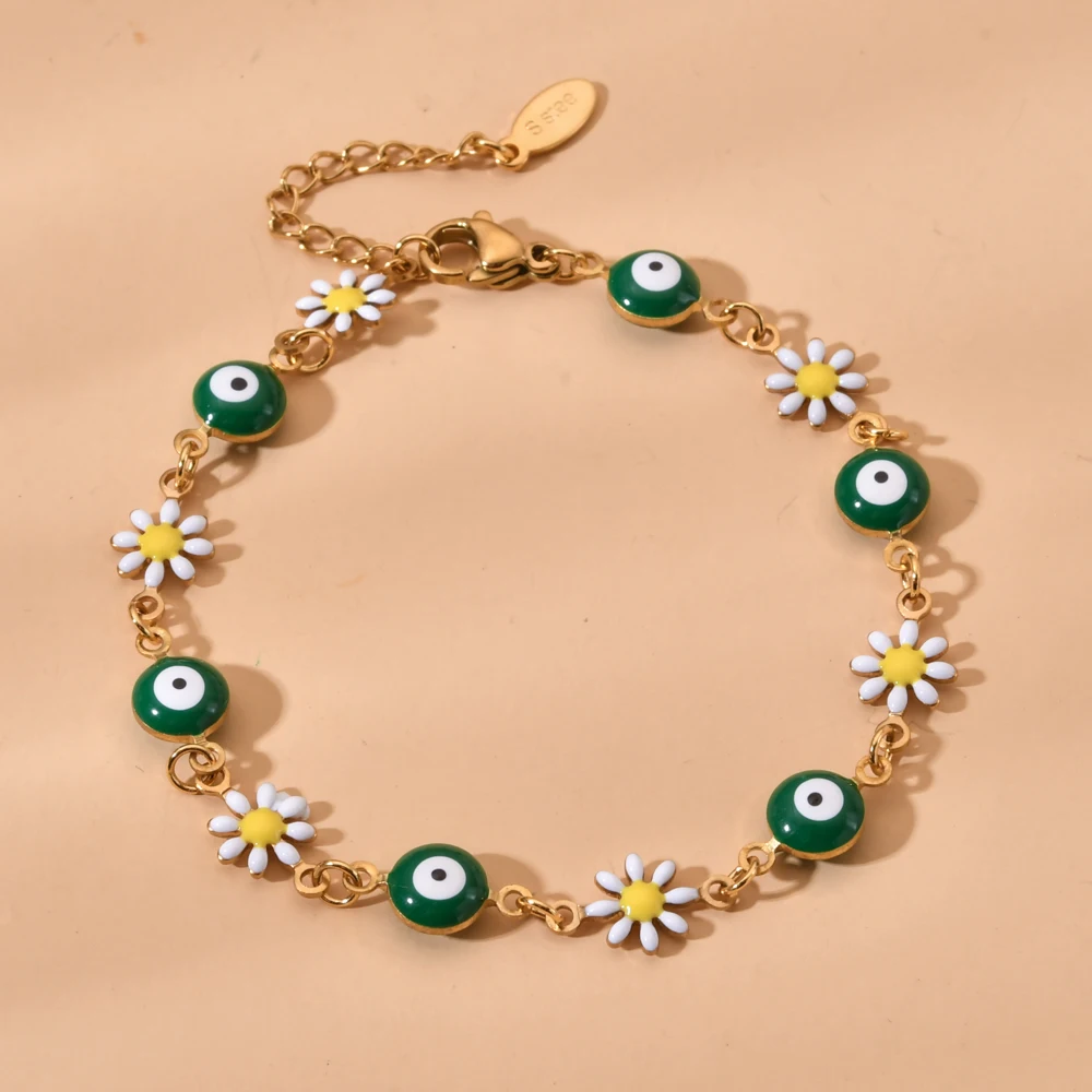 

ZMZY Fashion Colorful Pastoral Style Flower Stainless Steel Bracelet Evil Eye Enamel Bead Bracelet Jewelry