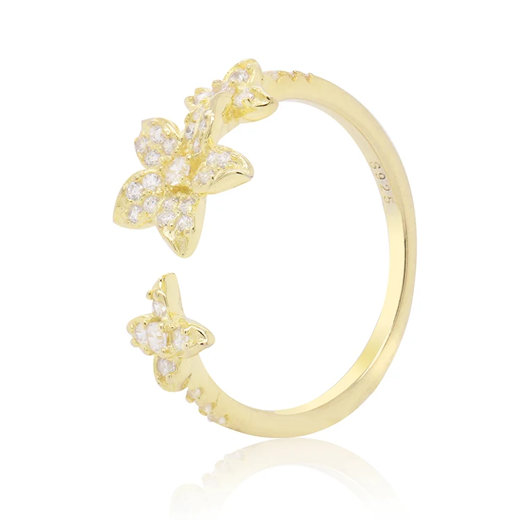 

Silver jewelry open white zircon gold plated flower ring made in China