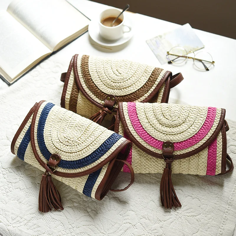 

Wholesale Korean fashion straw woven tassel envelope bag wild woven bag vacation one-shoulder messenger beach bag, Blue,pink,coffee