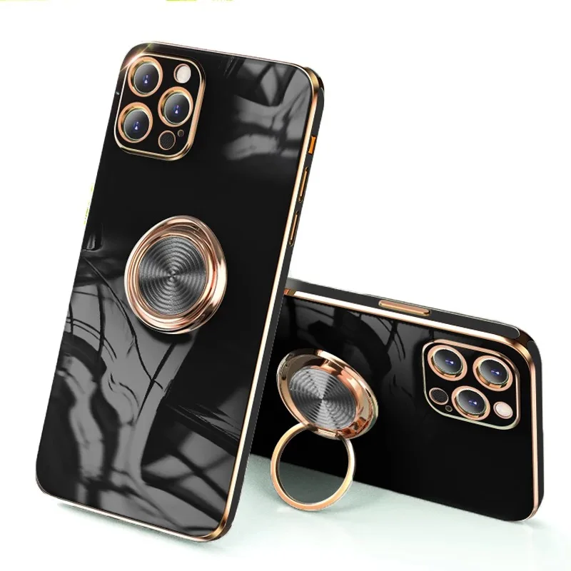 

Luxury Plating Silicone Phone Cover Case for iPhone 12 11 Pro Max Plain Metal Ring Holder Stand Soft Phone Cover for iPhone 12, Pink, white, green, dark green, blue