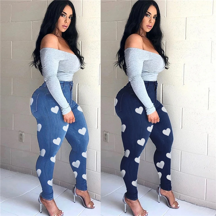 New Arrivals Wholesale Price Heart Printed Overall Long Pencil Jeans Pants Ladies women Pants Womens Trouser