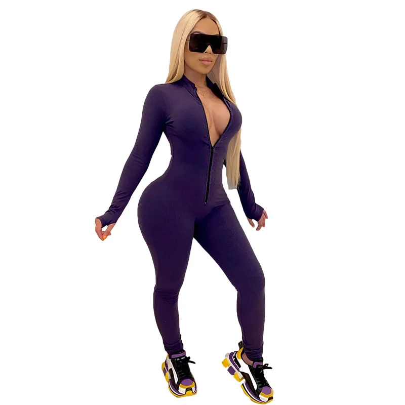 

Solid Zipper Long Sleeve Stretchy Workout Bodycon 2021 Women Fashion Fitness One Piece Sportswear Yoga Stacked Jumpsuit