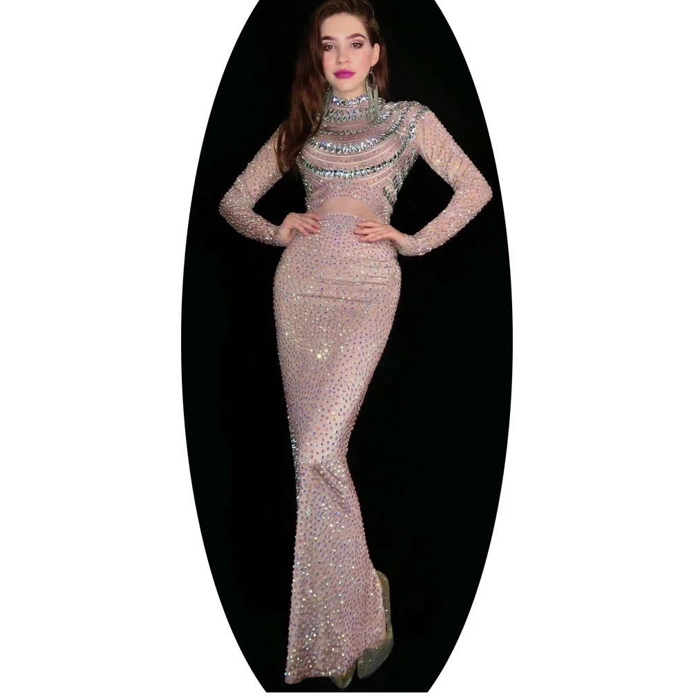 

Sexy Women Slit Long Sleeve Beaded Diamond Sequin Floor Length Pronm Evening Party Dresses