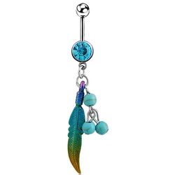Ethnic Sapphire Green Gemstone Color Feather Turquoise Surgical Steel Lady Dance Navel Rings Belly Button Peircing