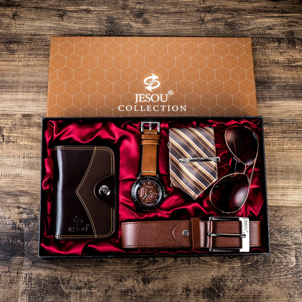 

High Quality Men's Watch + Glasses +Belt+ Wallet +Keychai+Pen Box 6 Pcs Set Creative Fashion Simple Combination Set For Men Gift