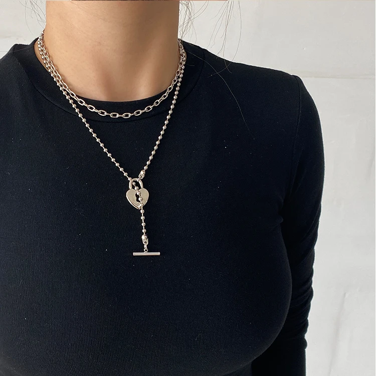 

European Latest Double Layers Love Lock Necklace Automatically Adjustable Rhodium Plated Heart Lock Shape Pendant Necklace, Rhodium or customized