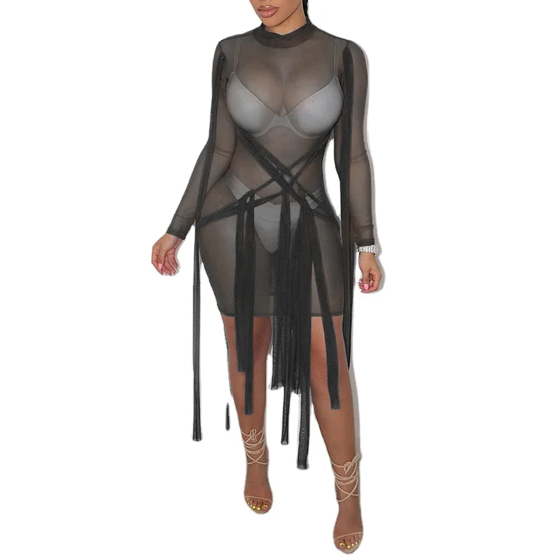 

2021 New Arrival HOT ITEMS Women sexy o neck long sleeve see through ladies casual dresses