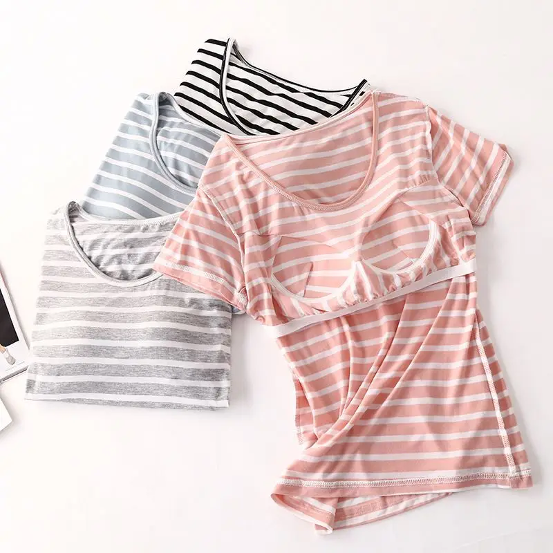 

2021 New Style Women Sleepwear Striped Round Neck Homewear With Bra Cozy Modal Short Sleeve Pajamas For Women, Picture shows