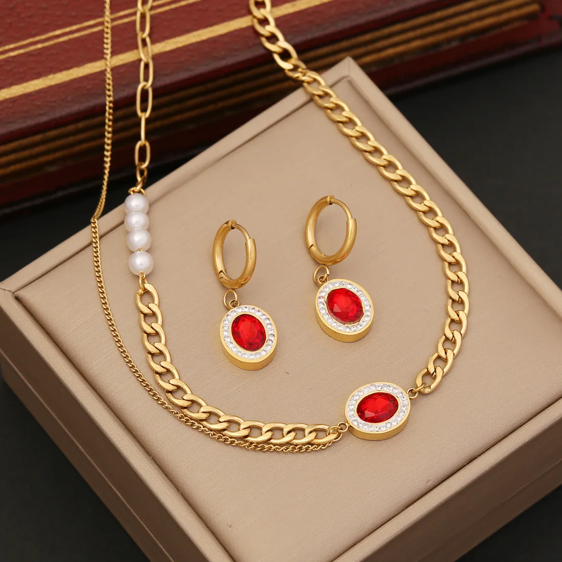 

New Red Zircon Pearl Double layered Pendant Necklace Bracelet Earrings Fashionable Stainless Steel Women's Jewelry Set