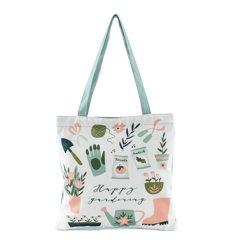 

Promotional Light Green Custom Print Logo Zipper Organic Cotton Canvas Shopping Tote Bag With Pocket,all over print tote bag