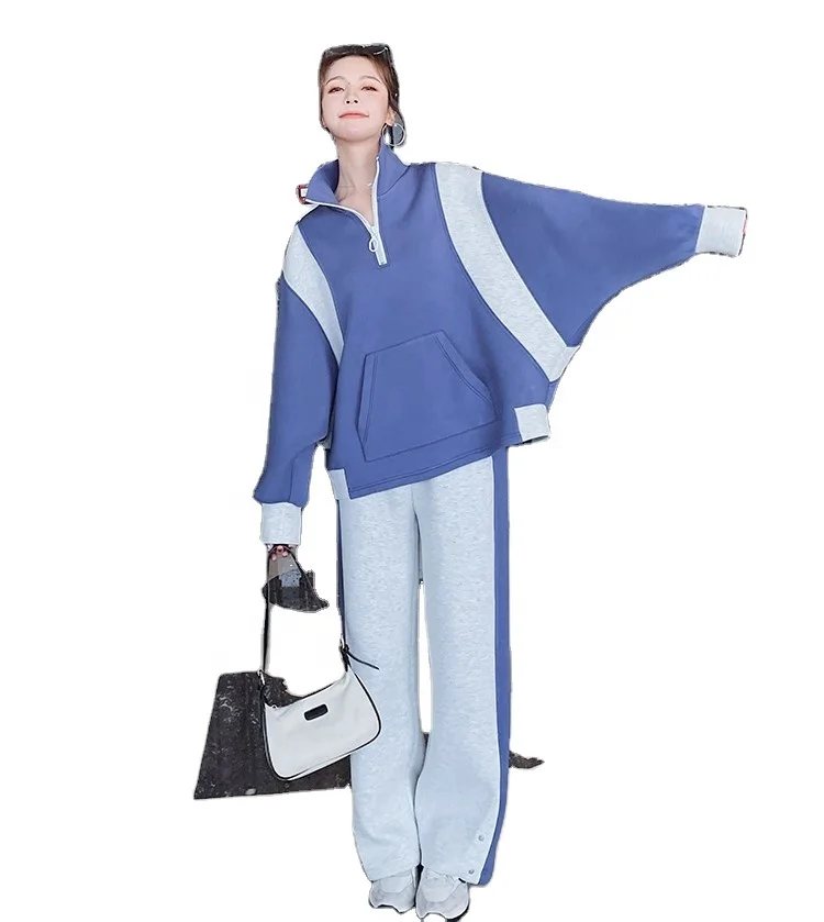 

Autumn 2021 Korean Style Loose Two-Piece Women'S Leisure Thin Air Layer Color Blocking Sports Suit