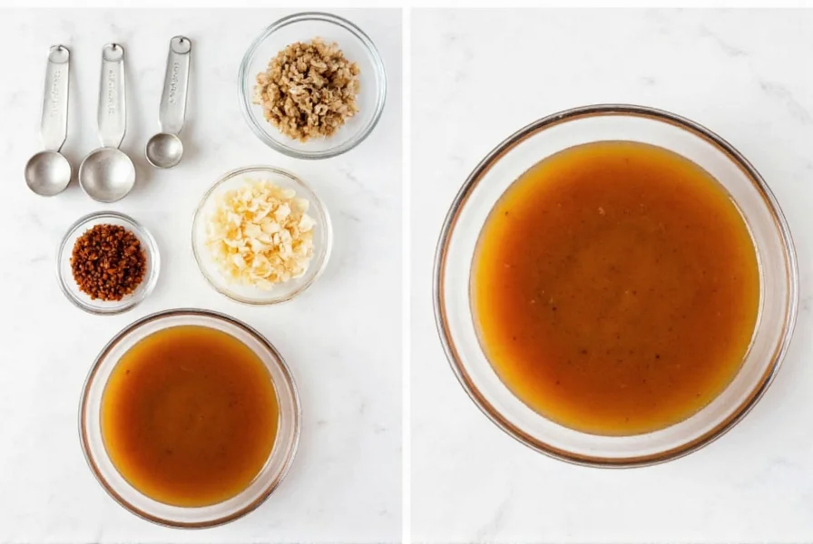Step-by-step preparation of homemade ginger stir fry sauce showing fresh ingredients in glass bowls with measuring spoons