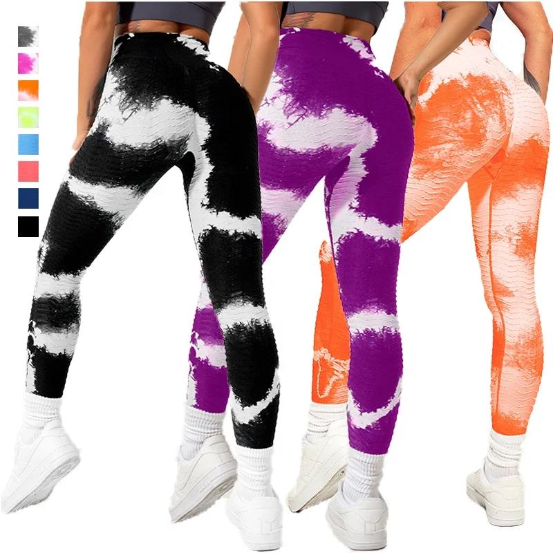 

High Elastic Scrunch Butt Peach Lifting Gym Fitness Tie Dye Yoga Leggings Tik Tok Ribbed Jacquard Tight Seamless Yoga Pants, 8 colors available