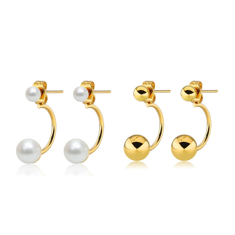 

Handmade steel ball pearl double cc stud earrings beaded U shape long drop earrings metal joyas for woman gold plated wholesale, Silver gold