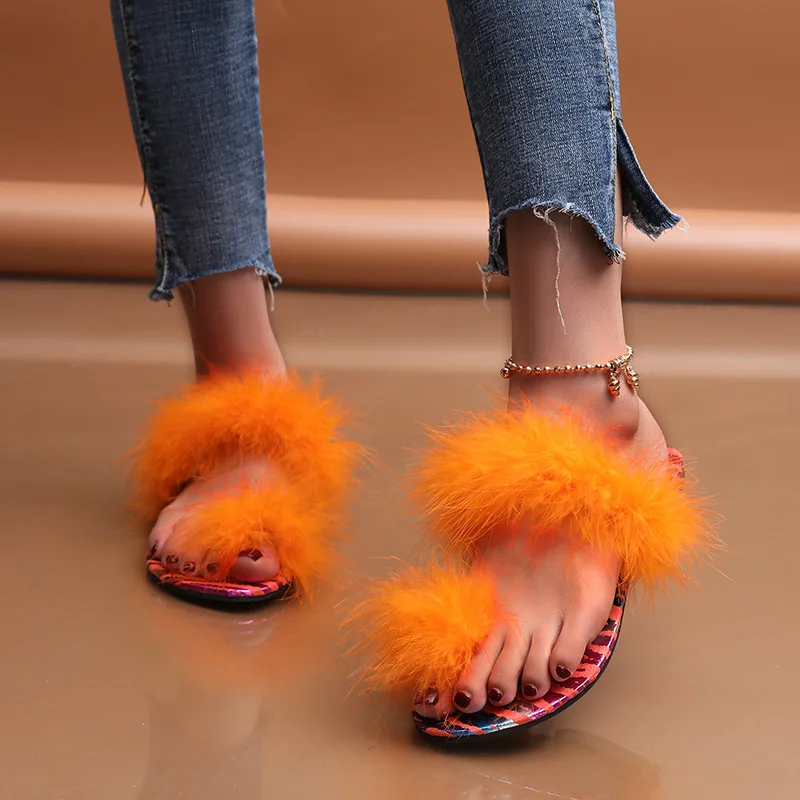 

External Wear Flat Home Non-Slip Plush Slippers Female Mink Slippers Lovely Foreign Trade Open Toe Flip Flops, 4 colors