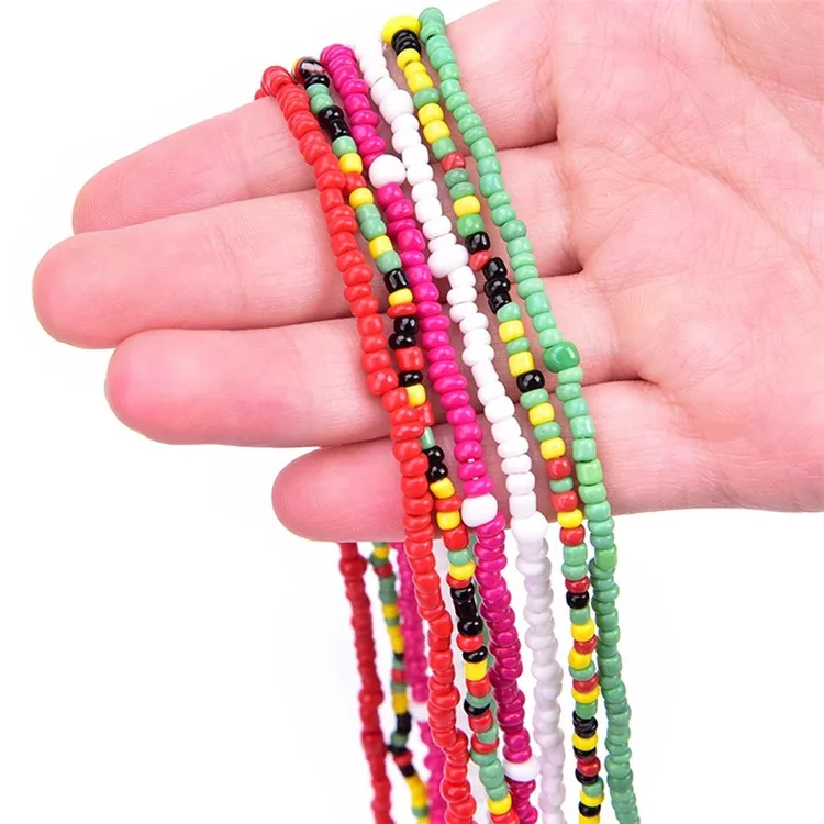 

Wholesale Bohemian African Africa Ghana Women Glass Rice Seed Beaded String Elastic Waist Beads Bikini Body Jewelry Belly Chains, Multi-color