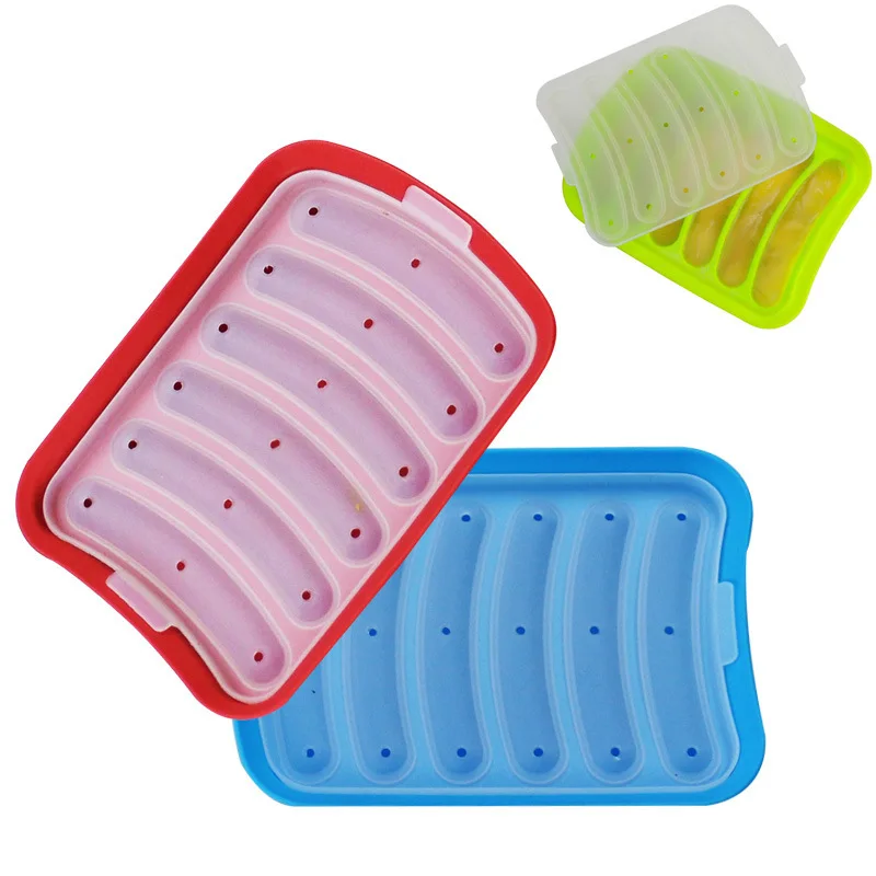 

With Lid Food Grade 6 Holes For Refrigerated Mould Custom Silicone Sausage Mold Ham Hot Dog Box, Multi-color