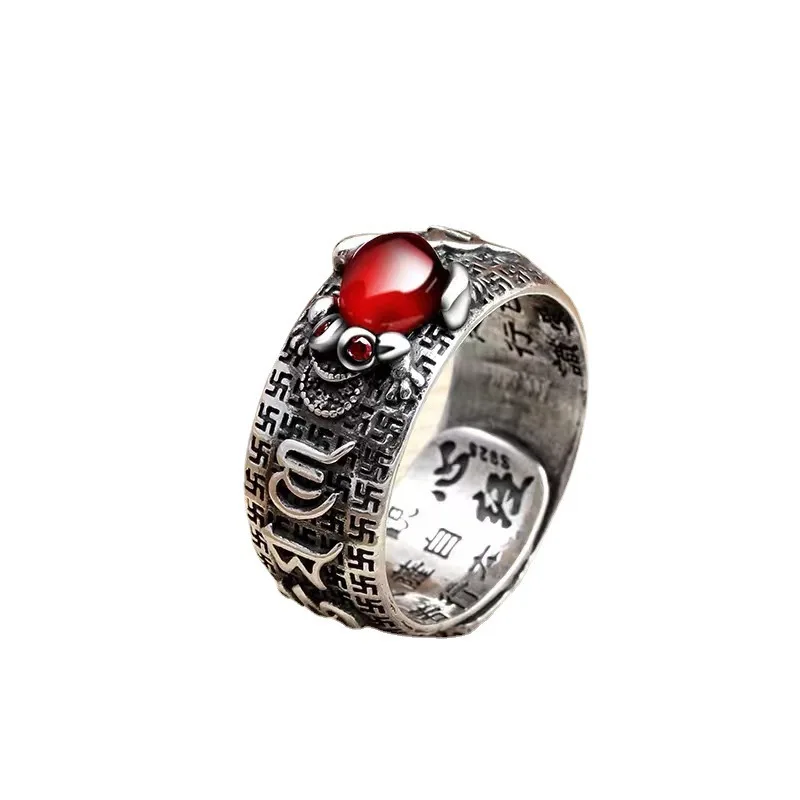 

Chinese 2022 Lucky Money Rich Healthy Red Crystal Piyao Pi Yao Toad Ring Buddhism Jewelry Silver Plated Open Anillo Pixiu