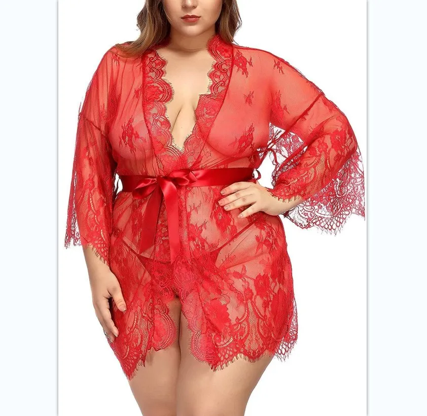 

Women's plus size pajamas underwear black see though lace mesh sexy lingerie