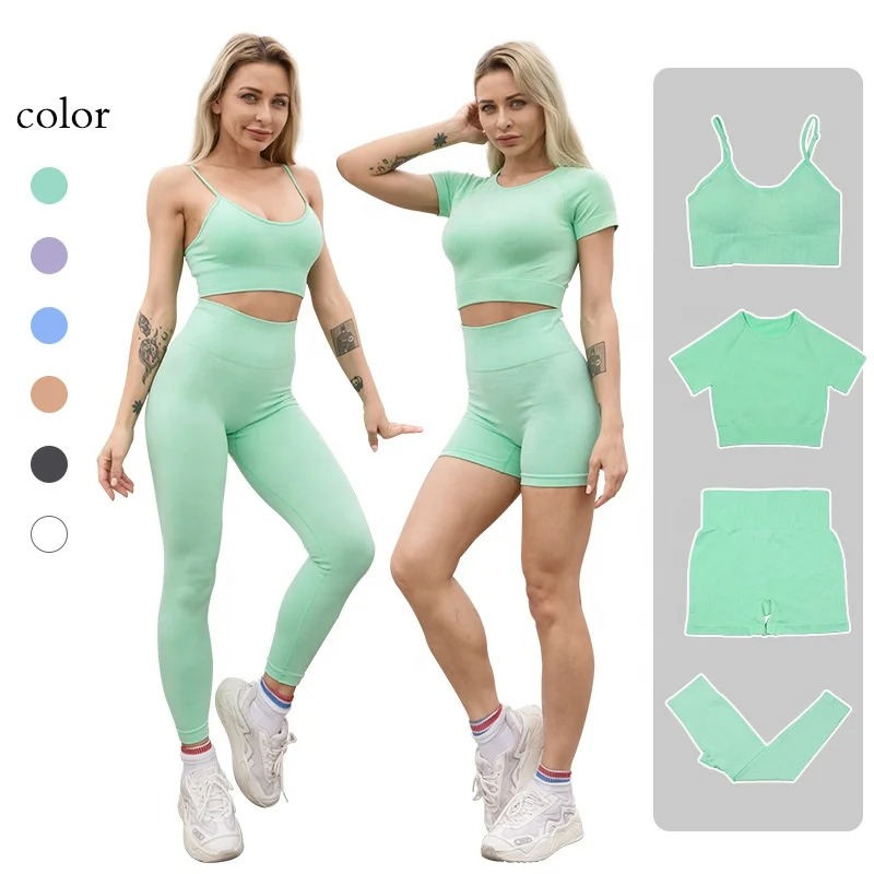 

Seamless Women Yoga Set Workout Shirts Sport Pants Bra Gym Suits Fitness Shorts Crop Top High Waist Running Leggings Sports Sets, Customized colors