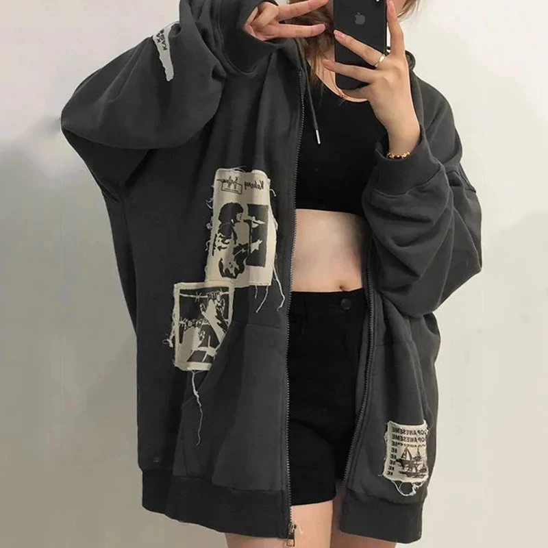 

Factory direct sale Fashion brown graffiti print zip vintage Ladies Street-wear Oversize Hoodies Tops, Customized colors
