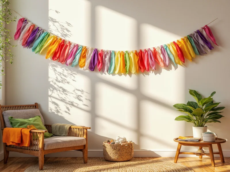 Colorful fabric scrap banner hanging in sunny room