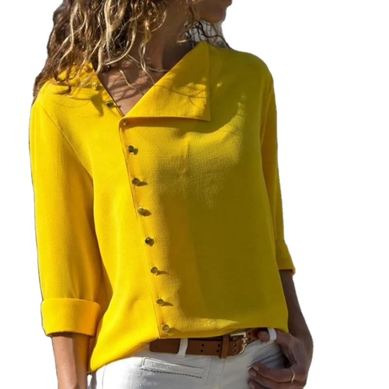 

Wholesale NEW Arrival Women Europe Slope Collar Button Office Shirts Long Sleeve Solid Color Loose Casual Party Shirt Blouse