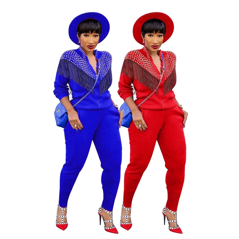 

Velvet winter two piece sets new fashion tassel sexy suit 2 piece set women clothing