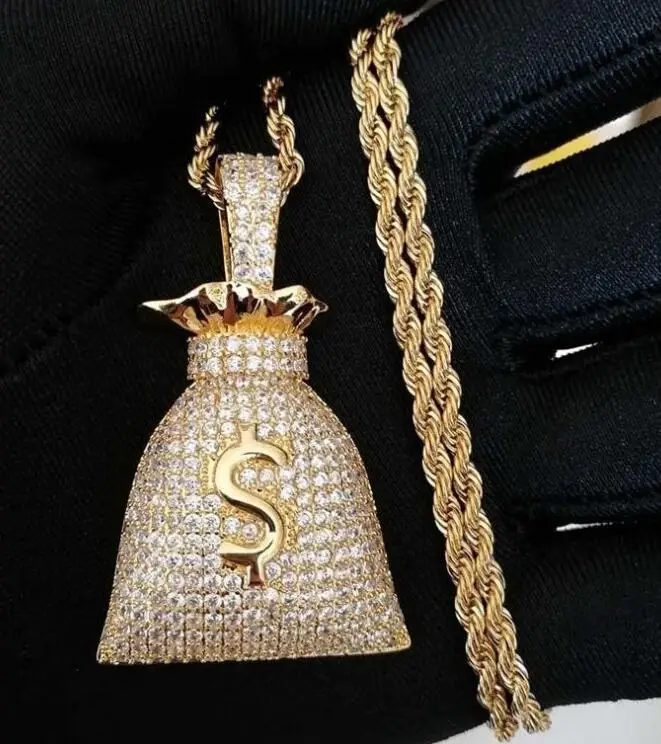 

Hip Hop US Dollar Money Bag Pendant With Stainless Steel Rope Chain Bling Cubic Men's Necklace Jewelry For Gift, Gold,silver,black