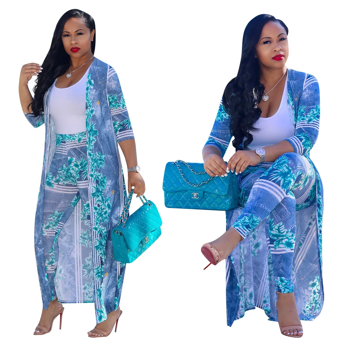 

wholesale indian sexy digital printing cloak cardigan women beach wear chiffon trouser suit