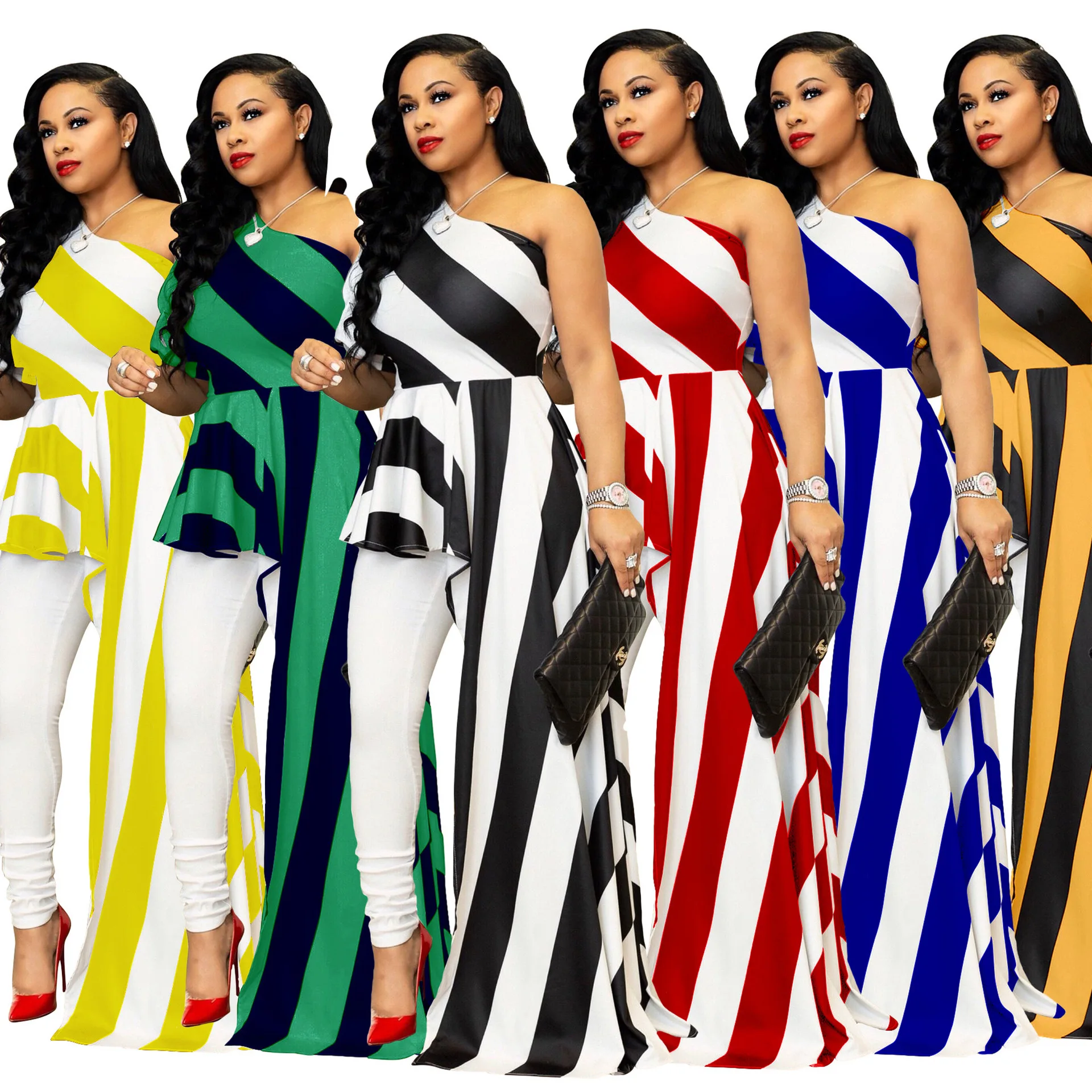

Plus size women clothing Fashion Club Party Stripes Printed One Shoulder Asymmetric High Low Dress, 7 colors