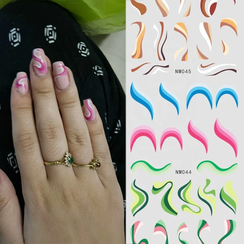 

12 patterns Colors Wave Line Flower Nail Water Decals Swirl Ribbon Slider Nails Art Transfer Sticker Smile Face Nail Sticker