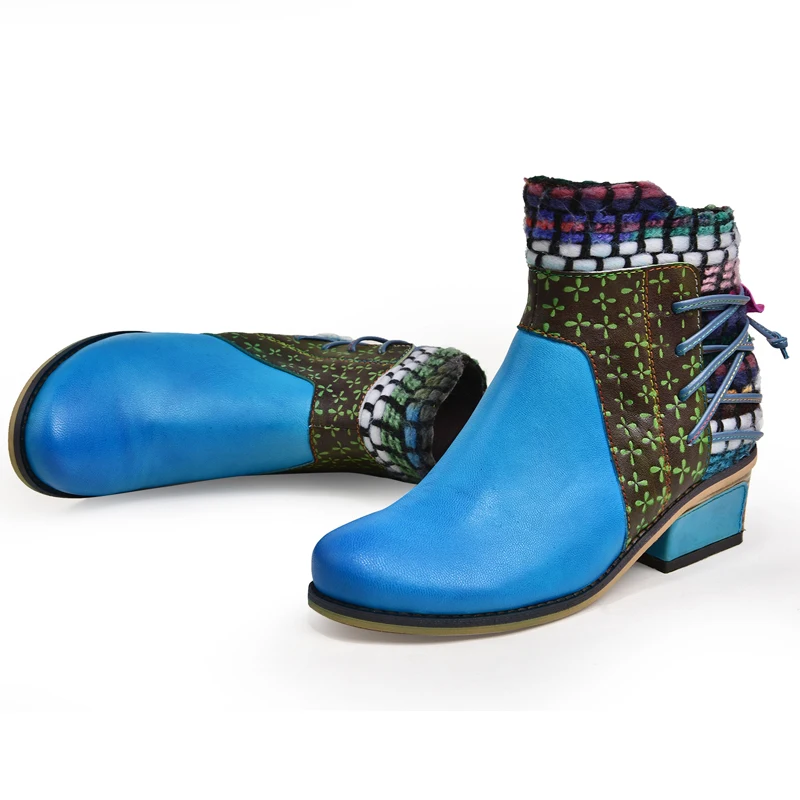 

Women Boho Style Ankle Floral Weave Design Genuine Leather Platform Lady Winter Shoe, Blue