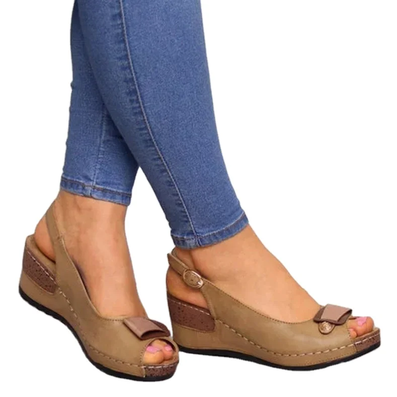 

Open Toe Sandals For Women Plus Size Solid Color Wedge Fish Mouth Ankle Buckle Shoes Women Sandals Summer