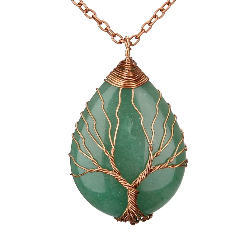Wire Wrapped Tree Of Life Necklace Natural Gemstone Teardrop Pendant Necklace For Women