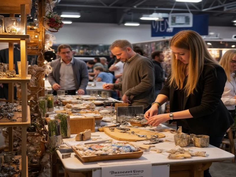Artisan adjusting craft show display during busy event