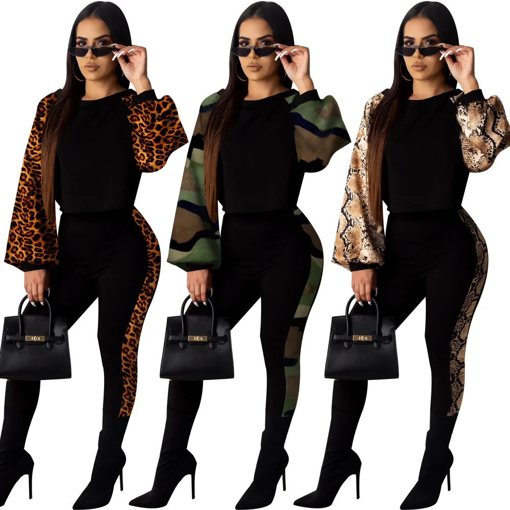 

ANL1246 2020 New Arrivals Best Design Round Neck Lantern Wholesale Sexy Sleeve Printed Pant Clothing Women Two Piece Sets