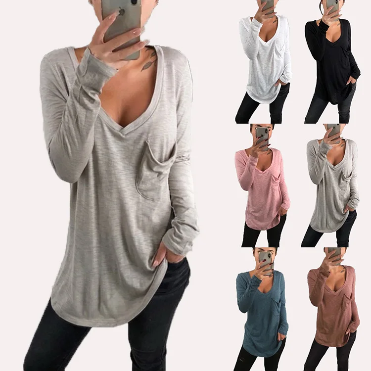 

Oversized Women's XXXL Pocket V-Neck Women's T-shirt Loose Casual Top, Picture color