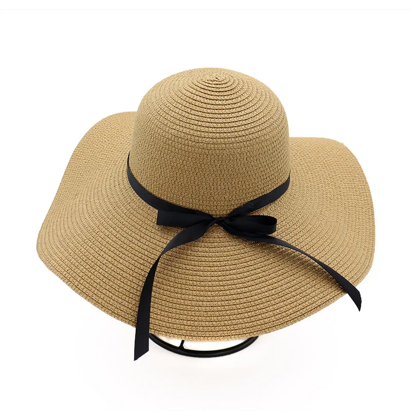 

Summer Beach UV Sun Shade Big Brim Floppy Hat Ribbon Bow Design Travel Outside Dress Cheap Women Lady Fashion Paper Straw Hats