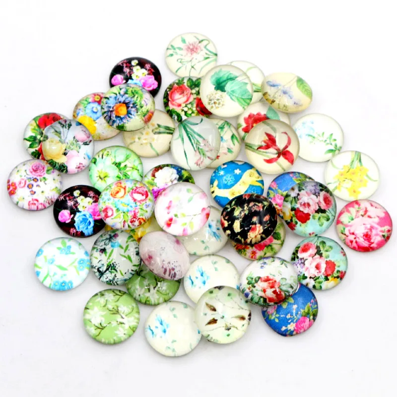 

50pcs/lot  Mixed Flowers Floral Photo Glass Cabochons Dome for DIY Jewelry Making Supplies Findings, Multi-colors mixed