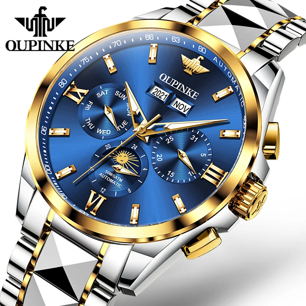 

OUPINKE 3201 OEM Deep Waterproof Tungsten Steel Strap Sapphire Mirror Moon Phase Men's Tourbillon Automatic Mechanical Watch