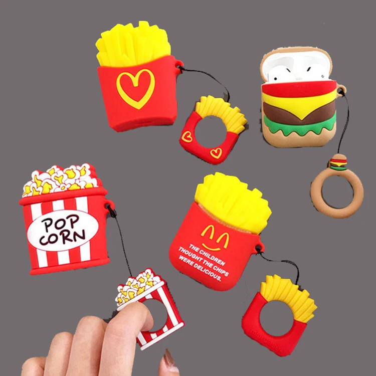 

Wholesale Cute Hamburger Popcorn Anti-lost Protective Silicone Case Cover with Ring for AirPods 2 for Apple AirPods 1 2