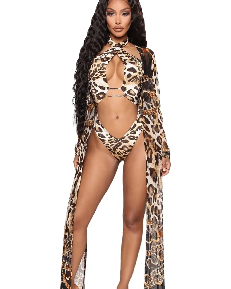 

2021NEW design Latest Design Leopard Print Bandage Sexy Swimsuits Bikini Long Sleeve Swimsuit Coat Two Piece Set for Women