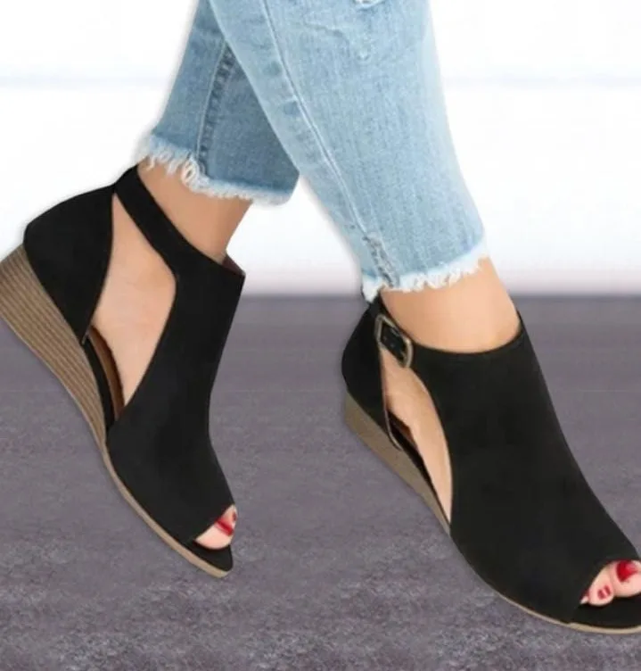 

Women Shoes Summer wedge sandals fish mouth buckle Sandals High Heel, Black, brown, apricot